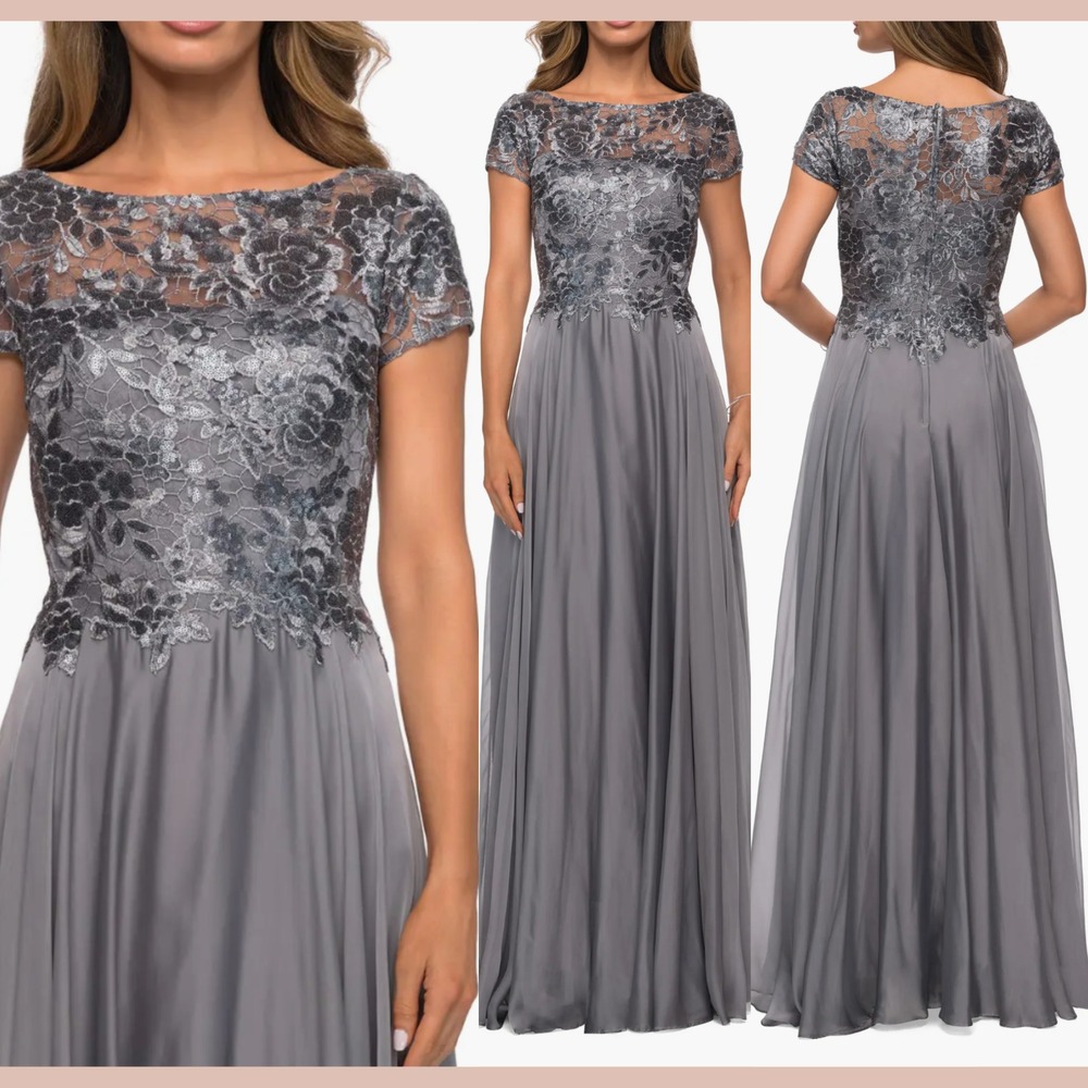 NWT La Femme [ 10 ] Metallic Lace‎ Chiffon Evening Dress Gown in Platinum #S2091